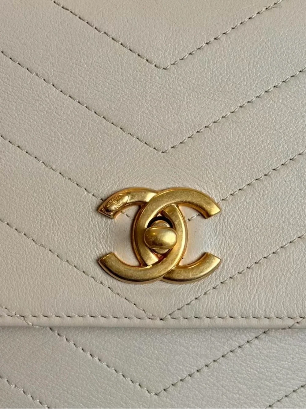 CHANEL Beige Chevron Quilted Top-Handle Satchel with Gold Hardware